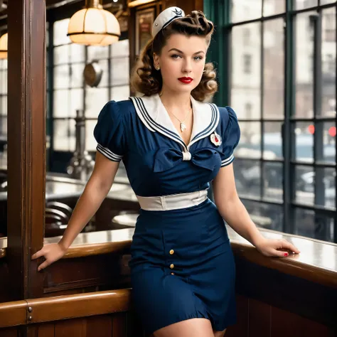 full body portrait of Betty (styled in a (1940s Sailor Dress:1.5), (highly detailed:1.3):1.3), (highly detailed face:1.8), (1940s Pompadour Hairstyle:1.3), (slim body, (large breasts:1.3), small hips:1.5), (leaning back on the bar:1.5), (background sidewal...