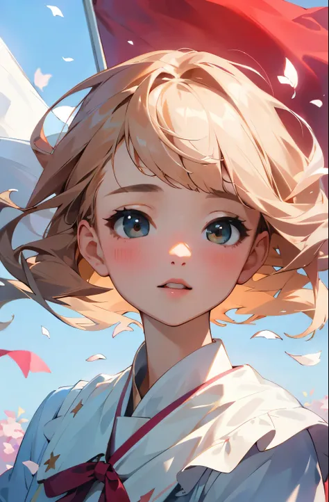 (best quality, masterpiece, ultra-realistic), 1 beautiful and delicate portrait of a girl, playful and cute, with floating petals in the background, GDI flag