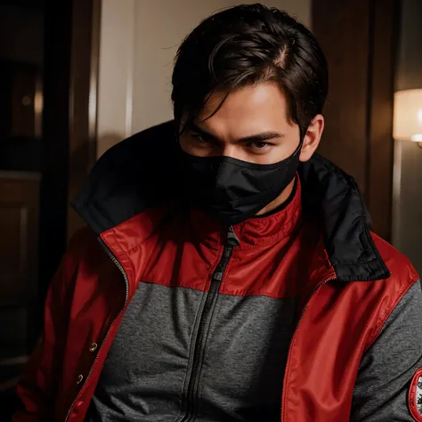 A man character wearing a red jacket with black mask