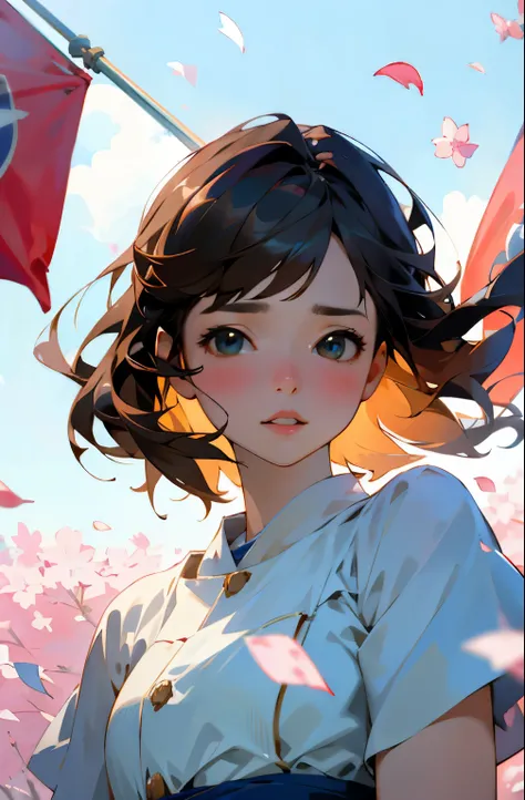 (best quality, masterpiece, ultra-realistic), 1 beautiful and delicate portrait of a girl, playful and cute, with floating petals in the background, GDI flag