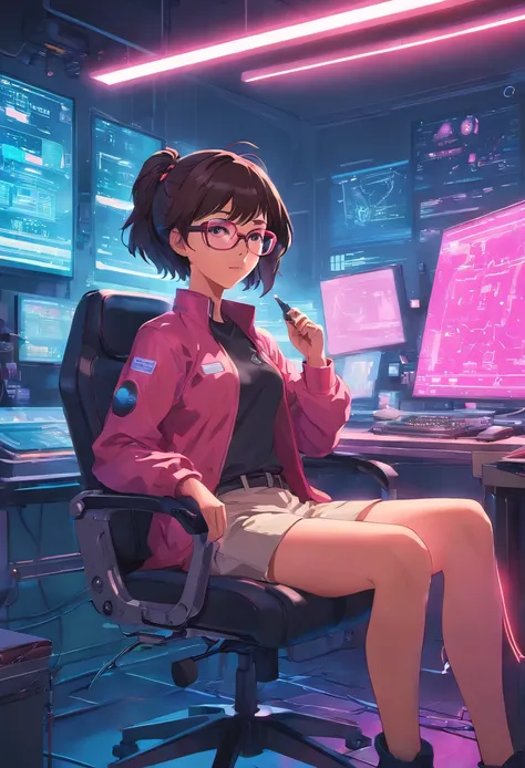 born, wide angle, A women in a dark Research room sitting on a chair of the future wears glasses., Reddish pink skin, Research room, hardware, bright environment, neon, ((cyberpunk))