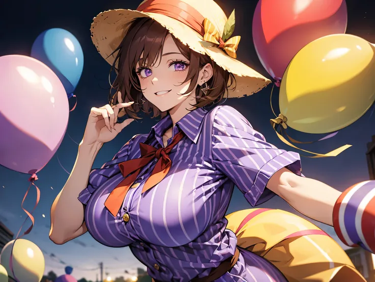 1female, teacher, wearing a purple and blue striped shirt, bootyshorts, thicc, big breast, brown hair, short hair, light purple ...