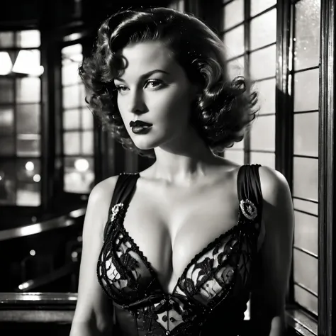 In this sultry portrait, Betty dazzles in a 1940s Sailor Dress, emphasizing her thin hourglass figure and accentuated by a magnification of 1.5. Her face, with highly detailed features magnified by 1.8, exudes captivating allure. Styled in a 1940s Pompadou...