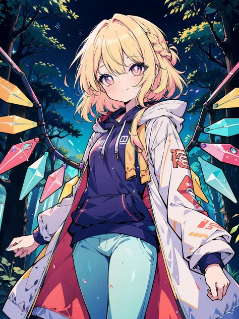 (cowboy shot), (colorful:1.1), glowing, (ultra-high resolution, depth of field:1.2), (Flandre scarlet:1.1), (1woman), (adult), Touhou project, medium breasts, (crimson eyes), white pupils, glowing eyes, blonde hair, wavy hair, (long hair:1.1), (french brai...