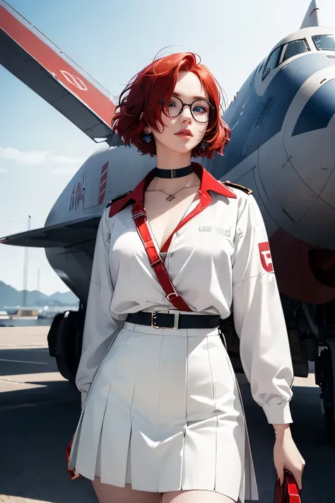 (distant view:1.3) red lipstick,portrait,(spaceship background) red hair color, wavy bob cut, choker, blue eyes, glasses, looking at viewe, She has cheery demeanor, (white short Skirt),(white color Uniform)