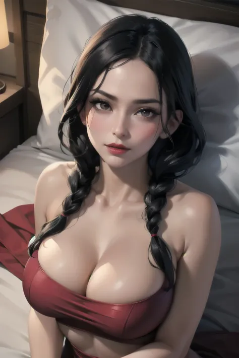 Sexy and cute woman, MILF, neighbour, black hair tied in a braid, sexy eyes, seductive gaze, red lips parted, blushing intensely, long neck, bare shoulders, medium chest, cleavage, sexually aroused expression, lustful expression, upper body, medium chest, ...