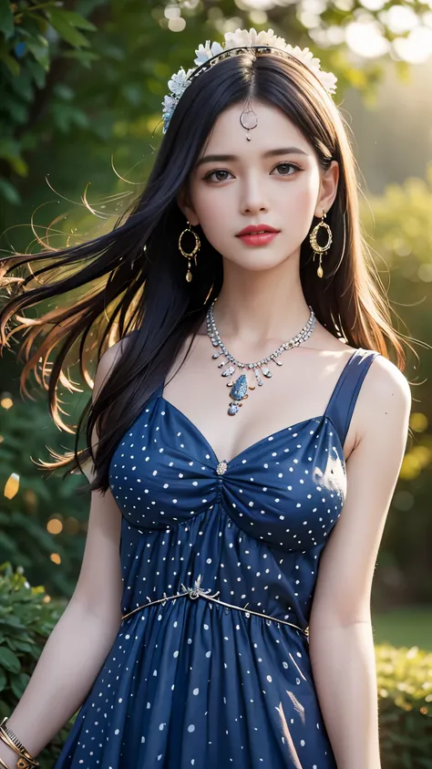 best quality, masterpiece, 1girl, (polka dot dress), (indigo dress), hair ornament, necklace, (jewellery:1.8), Beautiful face, small breasts, tyndall effect, photorealistic, rim lighting, two tone lighting, (high detailed skin:1.2), dslr, (spreading light:...