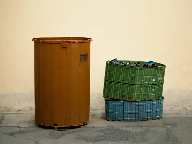 There are two large green and blue containers next to a white wall, trash bucket, industrial colours, wooden crates and bucket, Inspired by Zhang Kechun, turkey, Thomas Haffner, Alexandra Formina, bucket, 2 4 mm iso 8 0 0 color, author：Dietmar Damelao, mor...