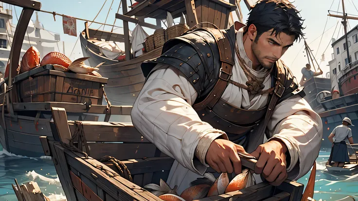 A black-haired figure clad in tattered white garments, laboring in a medieval harbor setting, lifting crates brimming with fresh fish, evoking a sense of antiquity and toil