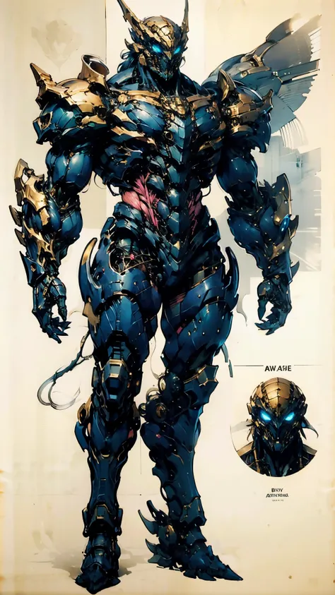 A man with short golden hair slicked back, his face entirely obscured by a Dynastinae concept mask, full mask, cold gaze, clad in an indigo blue fantasy-style Dynastinae concept chest plate, his arms and legs are clad in matching armor, he wears a white un...