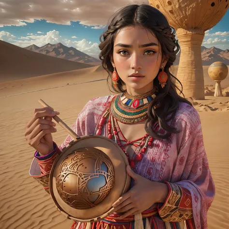 Alafi woman in traditional costume holding a small drum in the desert, a young woman in shamanic costume, a girl holding a Earth sphere, the scenery of the film Silk Road, beautiful youth, portrait shot, ancient princess Lieb, the vanishing line of the des...