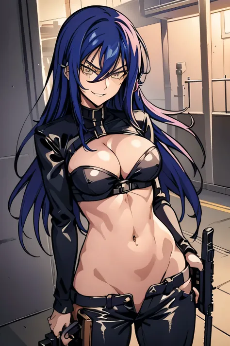 1girl,yellow eyes,large breasts,long hair,blue hair,hair between eyes, necklace, , masterpiece, best quality, highly detailed, a girls with a gun, evil smile , open mouth, sexy gaze, badass
pose , evil smile, smile, (nsfw) not safe for work, guns blazing, ...