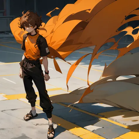 1male , Brown Hair , Orange Eyes , Shaggy Hair , Bangs , Curly Hair , Black Yukata , Combat Clothing , Baggy Black Pants , Socks with Sandals , Serious Expression , Standing on sidewalk