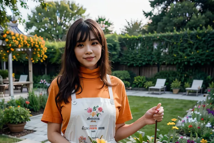 highest quality, super realistic, a Chinese woman is gardening in a beautiful garden with all kinds of flowers with gentle sweet smile, black hair with bangs, perfect face, wearing orange colour gardening apron, turtleneck T-shirt, holding a pot of flower,...