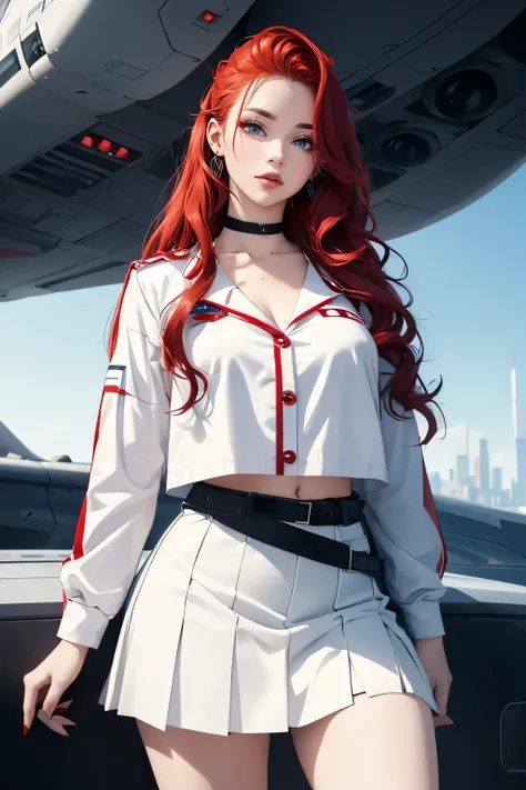 (distant view:1.3) red lipstick,portrait,(spaceship background) red hair color, wavy curvy long hair, choker, blue eyes, , looking at viewer, She has cheery demeanor, (white short Skirt),(white color Uniform)