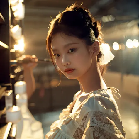 Masterpiece, superlative, realistic, Jennie wearing old dress, HD, photography and lighting, 16k