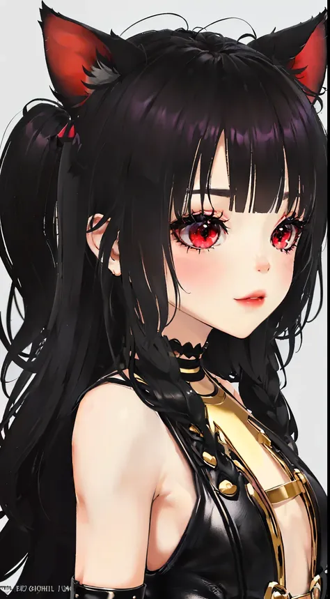 ,((long hair slightly wavy slightly past the shoulders, black bangs, small black pigtails on the sides, cute cat ears, beautiful thin red eyes,)),Gafe,Muslos carnosos，Estilo de publicidad del cartel.，Ultracortos，Simetall，C cup，happy expression, jinxlol