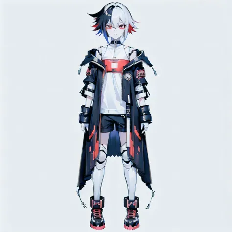 anime character with red and black hair and a white shirt, anime full body illustration, wearing cyberpunk streetwear, cyberpunk streetwear, full body character design, single character full body, full body concept, anime character design, outfit design, a...