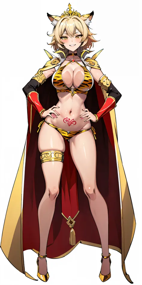 Two long thighs, yellow eyes, blonde hair, short hair, large breasts, detached sleeves, very white background, royal tiara, long cape, yellow tiger bikini, high heels, hands on hips. red tattoo on belly navel, full body female MILF BIMBO, lustful smirking ...