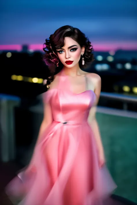 "Create a high-resolution image of a woman in a vibrant, green cocktail dress at a rooftop . She poses casually by the railing, with a cityscape at dusk in the background. Her makeup is glamorous with smoky eyes and glossy pink lipstick, and her hair is st...