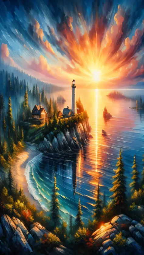 painting of a lighthouse on a rocky island with a sunset, beautiful art uhd 4 k, detailed painting 4 k, stunning painting, scenery artwork, breathtaking masterpiece of art, beautiful painting, highly detailed 4 k painting, detailed 4 k oil painting, detail...