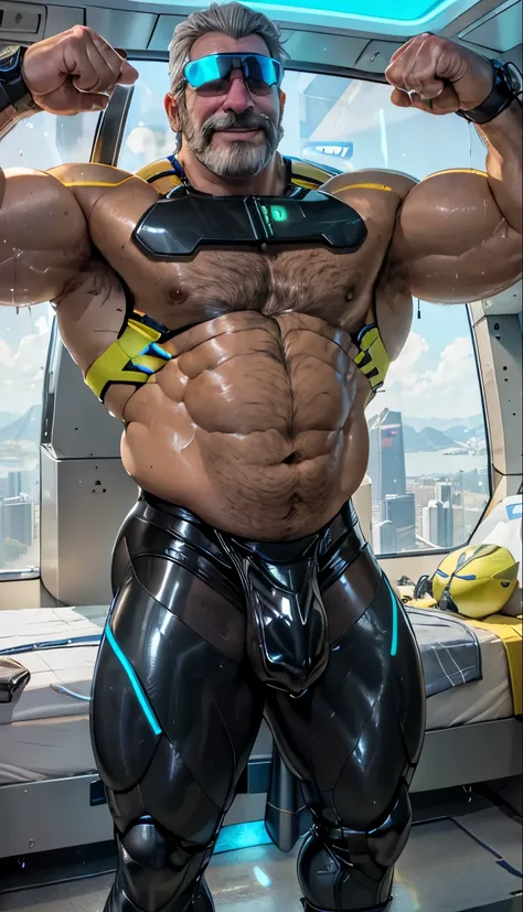 full body portrait, strong burly hairy mature older man(space captain), wearing futuristic captains uniform insignia (neon and black) (open and revealing) (latex) , gray hair, reflective sunglasses (neon yellow rims), broad shoulders, round belly, thick fe...