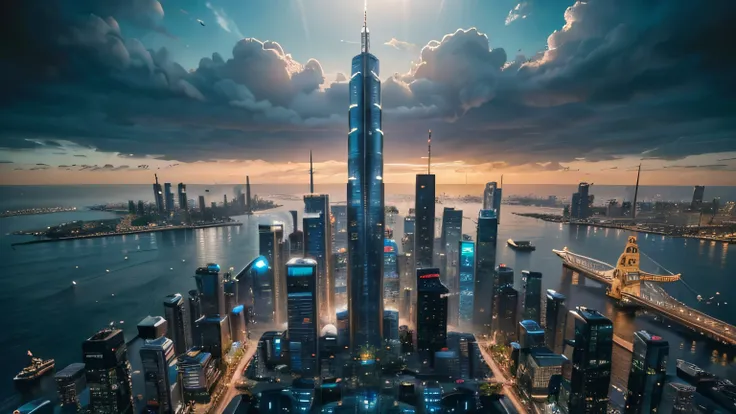 (aerial view:1.3,futuristic city:1.3,port,distinctive skyscraper,artwork,superior quality,ultra-high resolution,super-detailed,8K,photo-realistic,best aesthetics,beautiful)