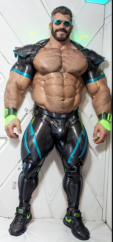 full body portrait, strong burly hairy mature older man(space captain), wearing futuristic captains uniform insignia (neon and black) (open and revealing) (latex) , gray hair, reflective sunglasses (neon yellow rims), broad shoulders, round belly, thick fe...