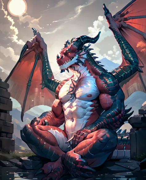 dragon,alone,paw,teeth,crawler,chest muscles, peak, teethAdult,alone,dragon tail,sit down,meditate,4K,best quality,HD,whole body,paw,naked,looking at the audience,chest muscles, pink nipples, Six-pack abs,biceps,pride,soft shadow,majestic,Detailed face,HD ...