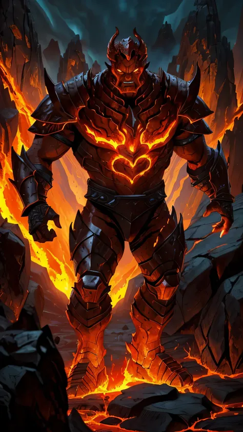 Blaze from Mortal Kombat, humanoid fire elemental, ((blazing lava fiery appearance)), ((eyes glow with an intense fiery hue)), ((rock formations resembling armor)), hulking, monstrous, 1man, solo, full body view, intricate, high detail, sharp focus, dramat...