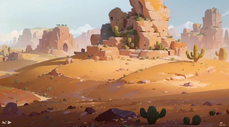 there is a painting of a desert with cactus trees and rocks, background art, stylized concept art, painted as a game concept art...