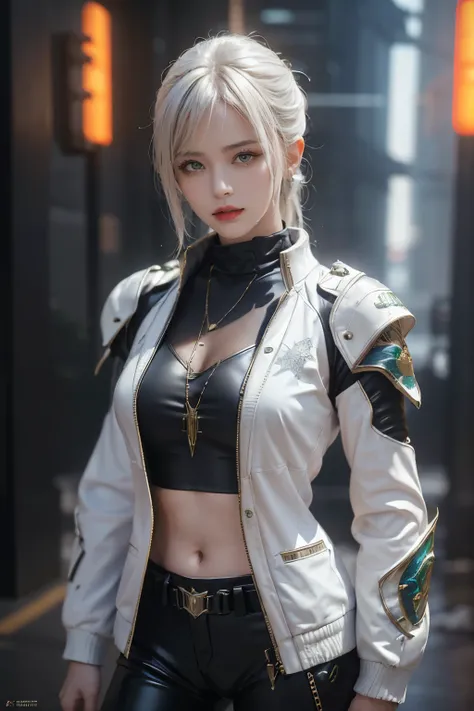 tmasterpiece,Best quality,A high resolution,8K,(Portrait photograph:1.5),(ROriginal photo),real photograph,digital photography,(Combination of cyberpunk and fantasy style),(Female soldier),20 year old girl,random hair style,By bangs,(Red eyeigchest, access...