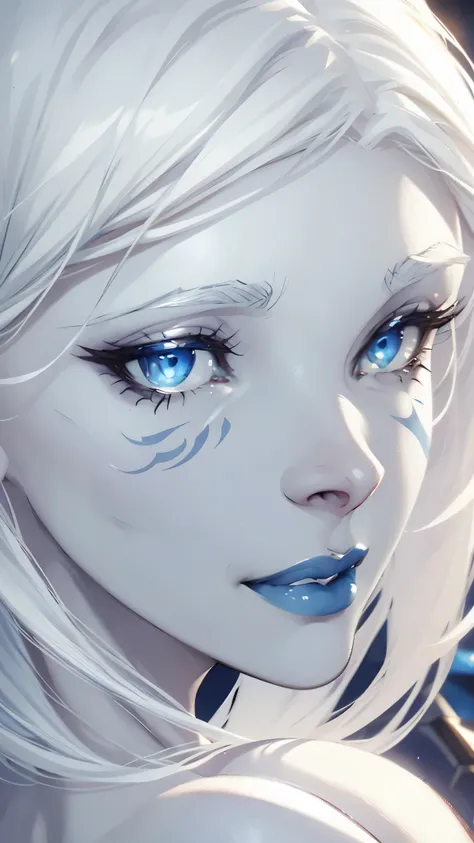 jarael, pale white skin, white hair, ((blue lips)), facial tattoos, medium breasts, naked, cute, close up on face, beautiful eyes, loving smile