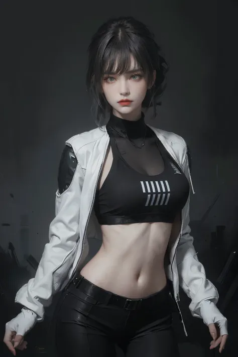 tmasterpiece,Best quality,A high resolution,8K,(Portrait photograph:1.5),(ROriginal photo),real photograph,digital photography,(Combination of cyberpunk and fantasy style),(Female soldier),20 year old girl,random hair style,By bangs,(Red eyeigchest, access...