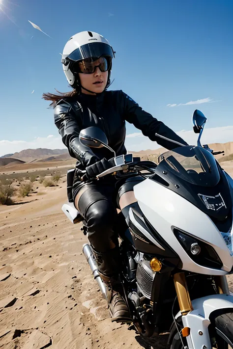 A woman in a helmet and black gloves rides at high speed on a large motorcycle in the desert.. the sun is shining, Birds flying in the sky.