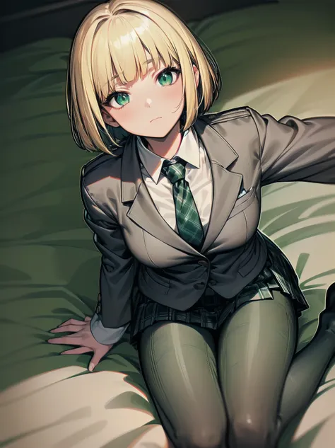 Top-High quality、Highest image quality、masterpiece、high contrast、Vulgarity、erotic expression、high school girl、on the bed、blonde、Bob cut braids、uniform、(brown blazer)、ribbon tie、(Green and gray plaid skirt)、(black tights)、cinematic lighting、fine shading、cut...