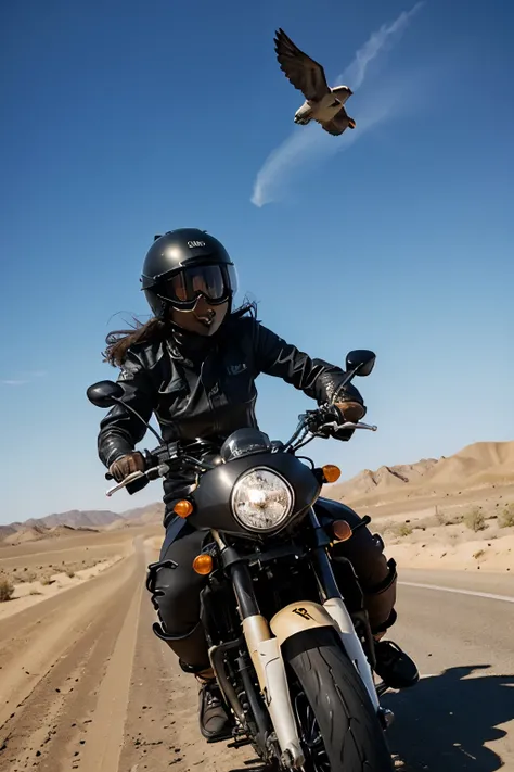 A woman in a helmet and black gloves rides at high speed on a large motorcycle in the desert.. the sun is shining, Birds flying in the sky.