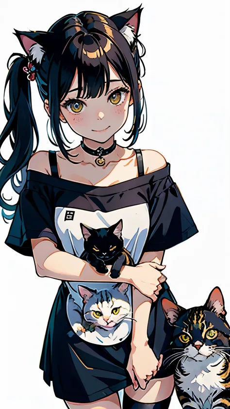 (highest quality, masterpiece, High resolution)、(anime art)、,cinematic light、soft light、(two girls)、black hair、(Tabby cat costume)、Striped cat costume、Persian cat costume、Three-color cat costume、(loose t-shirt)、Loose shirt、off shoulder、Sexy mini dress、Cat ...