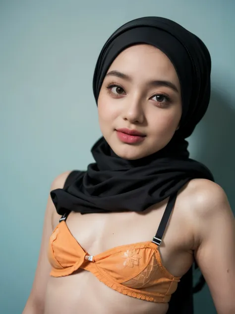 Smile, ((Hijab)), Tiny (Wearing Lingerie Top Suspender), (((HIJAB MALAY GIRL))), masutepiece, High quality, UHD 32K, Realistic face, Realistic skin feeling , A Malay Lady, 8 years old, , Very cute and baby-like face, (((FLAT CHEST))), (MATRIX WORLD), ((loo...