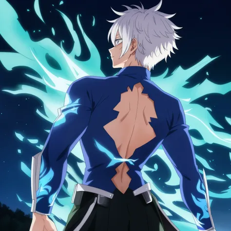 (Masterpiece creation), (anime style representation), One man, Shigaraki Tomura, (iconic character from Boku No Hero or My Hero Academia), White hair, Male, canon, (dramatic and intense pose), (emitting blue fire from his back), (vibrant and intricate flam...