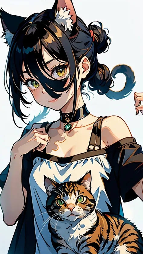 (highest quality, masterpiece, High resolution)、(anime art)、,cinematic light、soft light、(two girls)、black hair、(Tabby cat costume)、Striped cat costume、Persian cat costume、Three-color cat costume、(loose t-shirt)、Loose shirt、off shoulder、Sexy mini dress、Cat ...