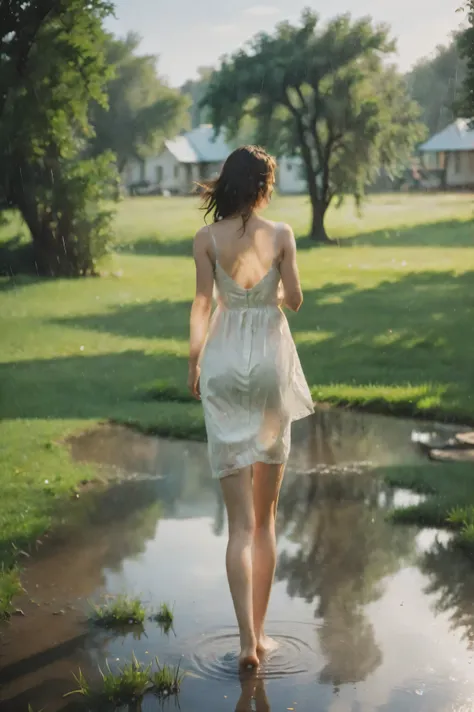 （masterpiece）,（best quality）,（super detailed）,（horizontal composition）,1 girl,back view,white dress,walking on the grass,rain,su...