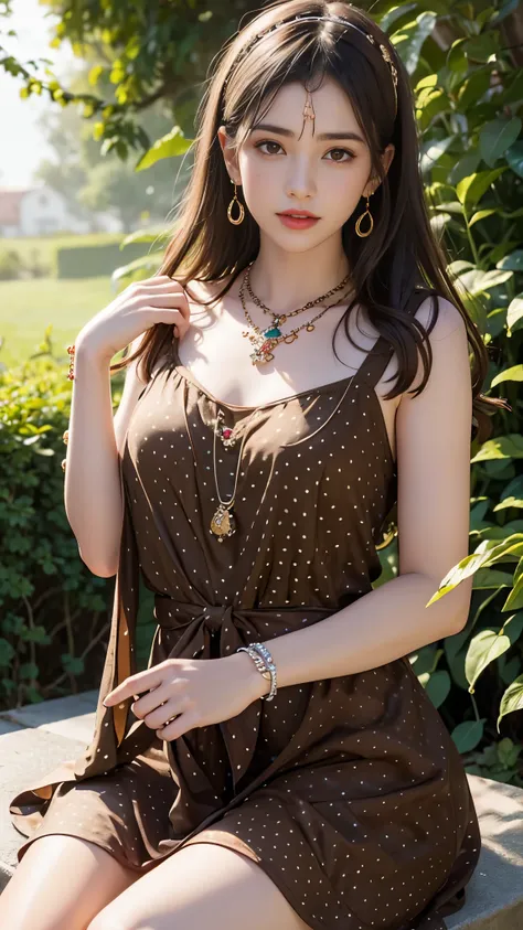 best quality, masterpiece, 1girl, (polka dot dress), (brown dress:1.5), hair ornament, necklace, (jewellery:1.8), Beautiful face, small breasts, tyndall effect, photorealistic, rim lighting, two tone lighting, (high detailed skin:1.2), dslr, (spreading lig...