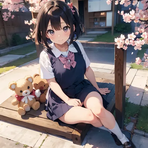 (cutest anime character, Best Quality, High definition), (Adorable face), 1 girl, big innocent eyes, pink rosebud mouth, (Short bob hairstyle), (Cherry blossom printed school uniform), playful and cheerful expression, (Peeking out from the side), during sp...