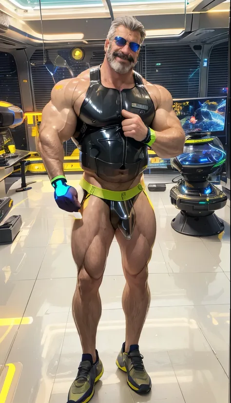 full body portrait, strong burly hairy mature older man(space captain), wearing futuristic captains uniform insignia (neon and black) (open and revealing) (latex) , gray hair, reflective sunglasses (neon yellow rims), broad shoulders, round belly, thick fe...