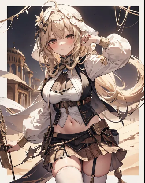 masterpiece, 1girl, sparrow, a blonde haired girl, wearing a white ancient arab clothes, curly long hair, messy hair, slim body, he close her left eye, shirt ornament, red eyes, sho show her back, ahoge, black vest, baby face, big breast, beautiful breasts...