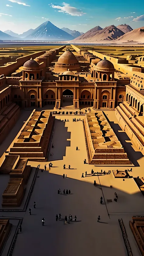 digital reconstructions of Indus Valley architecture and urban planning, detailed architectural elements, intricate carvings, ornate motifs, ancient city layouts, advanced urban infrastructure, well-planned drainage systems, majestic pyramids, grand palace...