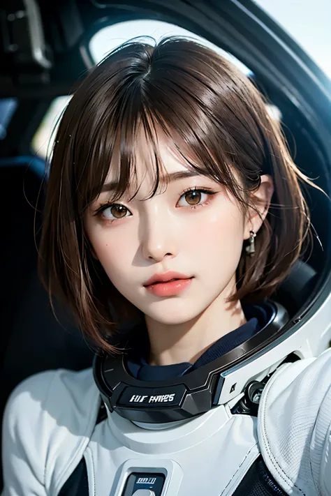 highest quality、masterpiece、ultra high resolution、(real:1.4)、Beautiful woman１、Beautiful details of eyes and skin、light brown short cut hair、small smile、latest space suit、space station、spaceship、Remains、cloudy sky、