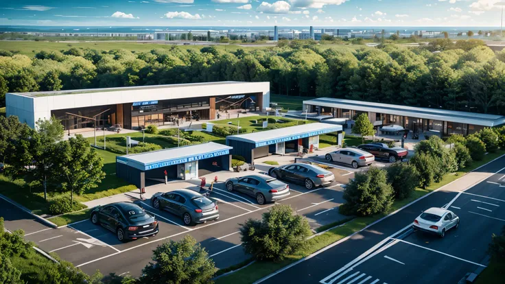 New energy charging station，20 charging piles，Vehicle is charging，supermarket，Gas station，Car wash station，There are restaurants，The flow of people