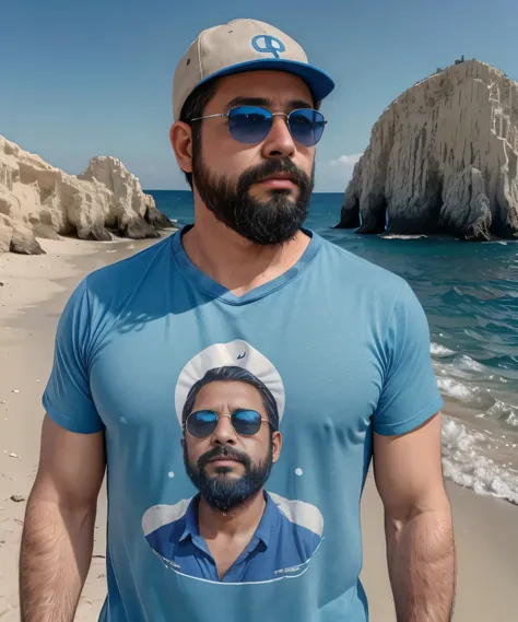 Parte superior del cuerpo, 38 year old man with beard and sunglasses. Hombre vistiendo playera azul, navegando en los cabos con nubes de fondo , muy hermoso. Super polished and cool, plano medio de un guapo.